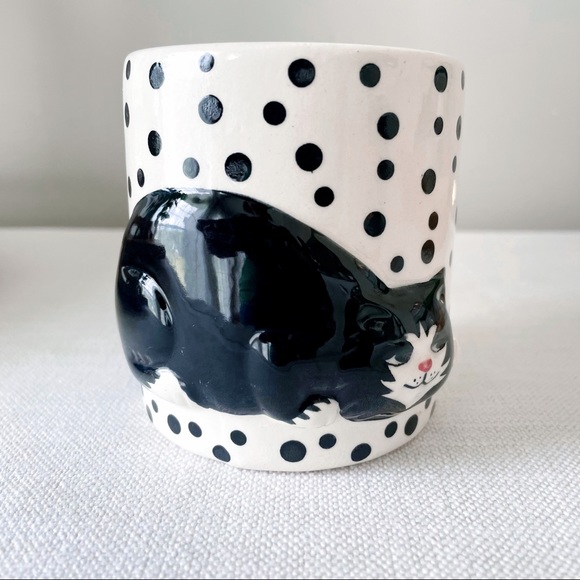 VTG Clay Art Cat chasing Fish polka dot mug - Picture 5 of 7